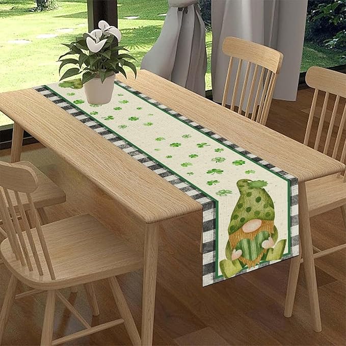 St.Patrick's Day Table Runner,Vintage Black White Plaid Green Polka Dot Gnome Shamrock Seasonal Spring Table Center Decor for Home Kitchen Dining Patio Party Indoor Decorations, 13"x108"