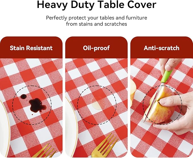 Romanstile Rectangle Vinyl Tablecloth, 100% Waterproof Buffalo Gingham Plastic Table Cloth, Heavy Duty Wipeable Checkered Table Covers for Outdoor, Camping, Picnic, Patio - 54 x 108, Red and White