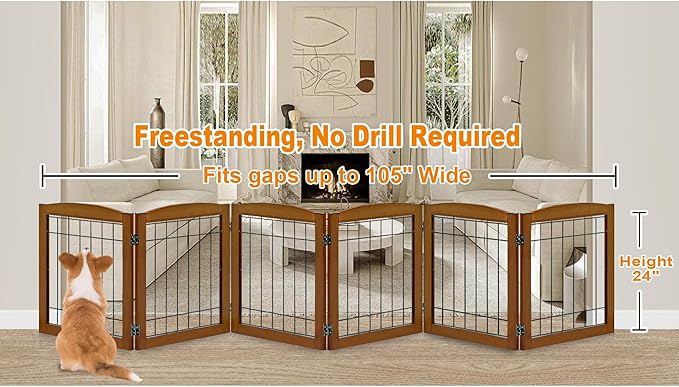 LZRS 6-Panel Extra Wide Wooden Freestanding Dog Gate: Foldable Solid Wood and Steel Wire Chew Resistant Safety Barrier for Doorways, Stairs, and Open Long Spaces Indoor Use, Cherry