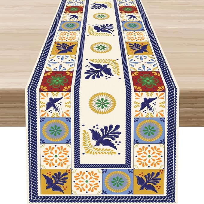 Mexican Table Runner, Blue Floral Birds Mexico Talavera Ceramic Dia De Los Muertos Coffee Table Center Decor for Family Home Kitchen and Dining Farmhouse Indoor Outdoor Table Decorations, 13" X 36"