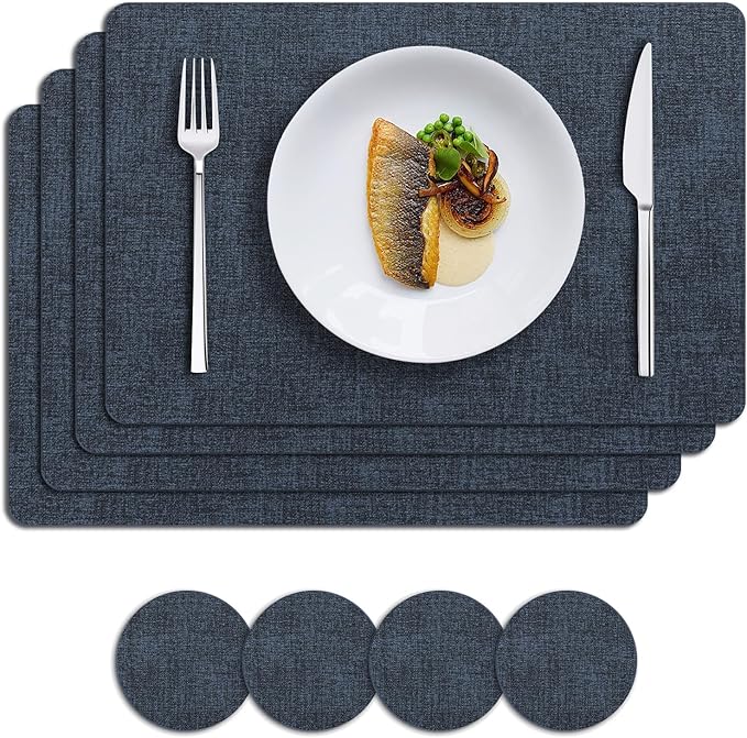 MOSAYT Placemats Set of 4, Heat Resistant Vinyl Place Mats with Coasters, 100% Waterproof Wipeable Washable Faux Leather Table Mats for Kitchen Dining Party Outdoor, 12" x 17", Navy Blue