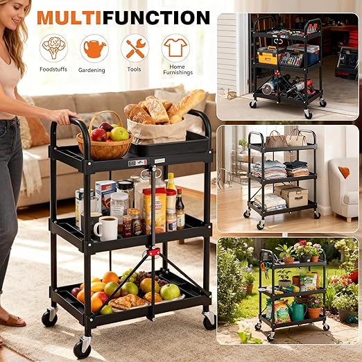 DUMOS 3-Tier Foldable Utility Cart Set of 2, Collapsible Service Cart with 4 Swivel Wheels & Brakes, 120LBS Capacity & Collapsible Storage Rolling Cart for Kitchen, Office, Garden, Garage, Black