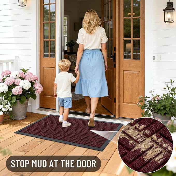 OLANLY Front Door Mat Outside Entrance 29.5x17, Absorbent, Heavy Duty Sturdy Natural Rubber Doormat Indoor Outdoor, Non-Slip, Stain and Fade Resistant, Low Profile Floor Mat for Entryway, Burgundy