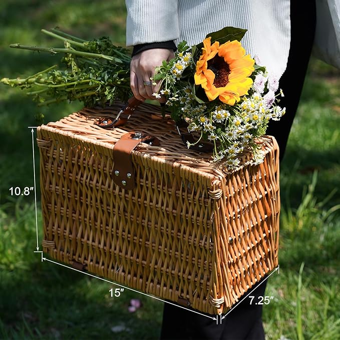 ZORMY Wicker Picnic Basket for 2 Person, Willow Hamper Basket Sets with Insulated Compartment, Handmade 2 Person Picnic Basket for Camping - GreenCheck