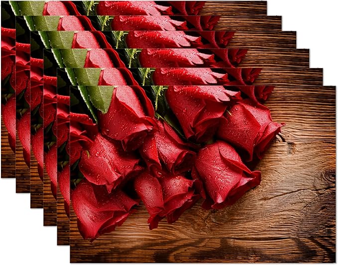 Vintage Wood Panel Red Rose Placemats Set of 6,Valentine's Day Place Mats Heat Resistant Washable Non-Slip Table Mats for Party Kitchen Dining Decor 12x18 Inch