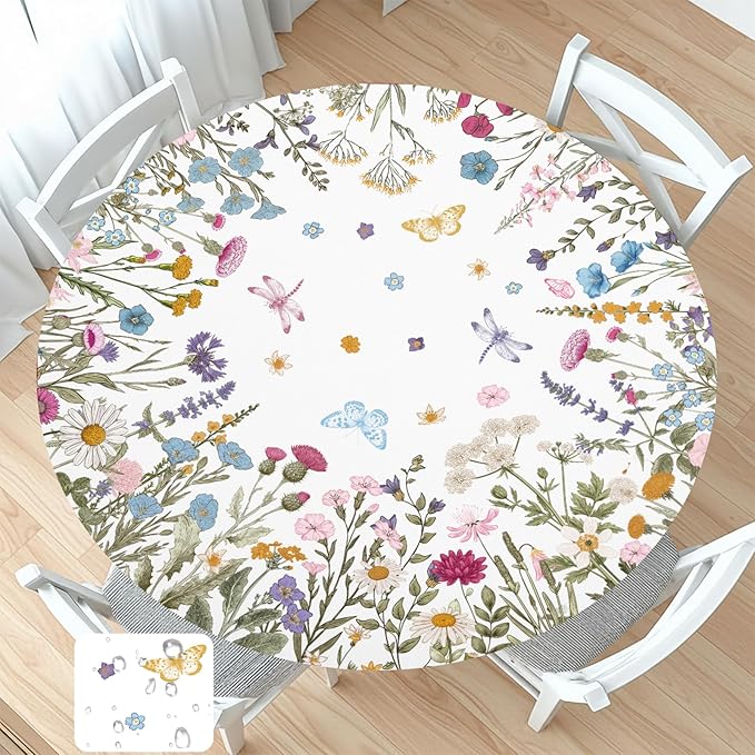 Spring Summer Floral Round Fitted Tablecloth with Elastic Wildflower Butterfly Circle Table Cloth for 48-52" Tables Wipeable Waterproof Farmhouse Easter Flowers Table Cover for Picnic Outdoor Dining