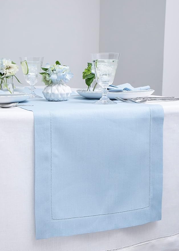 Solino Home Sky Blue Table Runner 90 Inches Long - 100% Pure Linen Hemstitch 14 x 90 Inch Table Runner for Dining, Spring, Easter - Classic Hemstitch