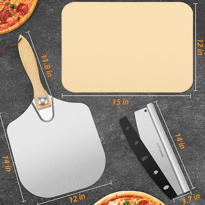 Pizza Stone 5 PCS Set, 15 x 12" Large Rectangle Pizza Stone Set for Oven and Grill with Metal Pizza Peels & Cutter Rocker, 0.6'' Thickened Stone Pizza Pan, Baking Stone for Pizza, Bread