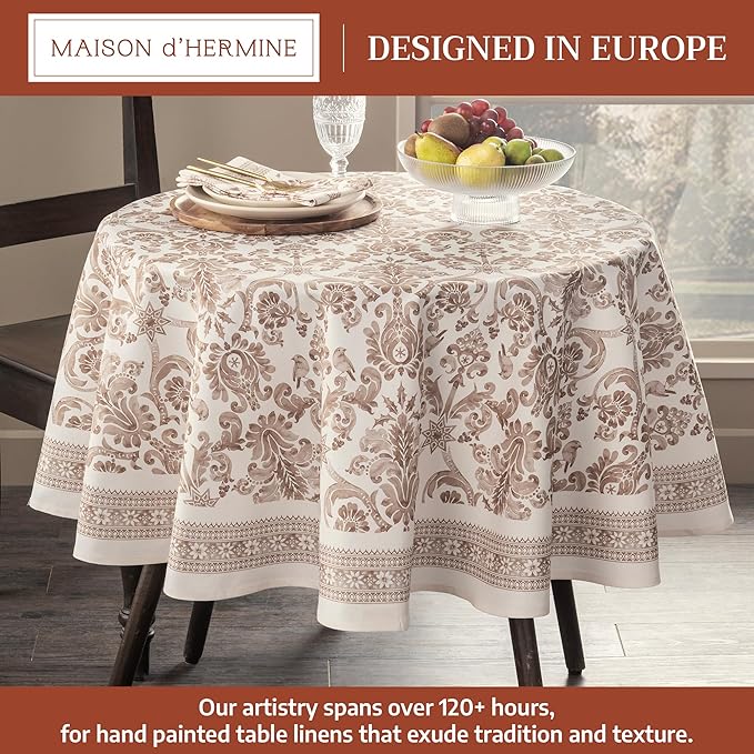 Maison d' Hermine Table Cloth Round Table 100% Cotton 69 Inches Fall Tablecloth Reusable Everyday Use for Thanksgiving Christmas Decorations Dining Farmhouse Party (Allure)