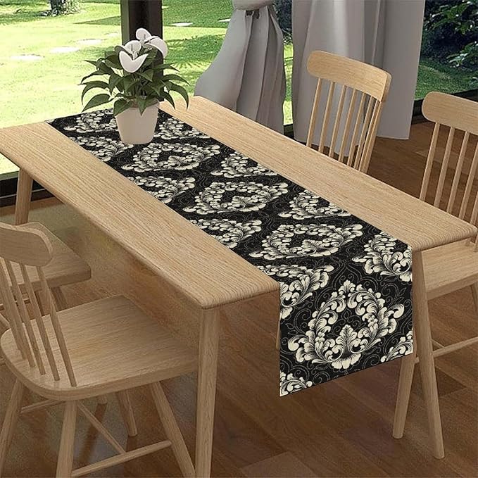 Gothic Table Runner, Retro Black Damask Baroque Style Floral Bohemian Exotic Coffee Vintage Table Center Decor for Kitchen and Dining Outdoor Home Country Party Table Decorations, 13"x108"