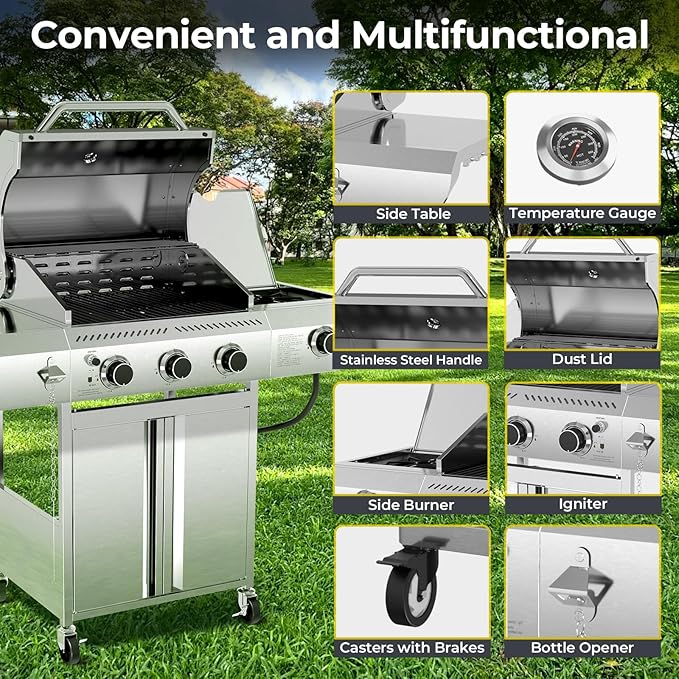 R.W.FLAME 3-Burner Propane Gas Grill With Sider Burner, Stainless Steel Propane Grill 34,000BTU, Multifunction & Protable Outdoor Barbecue Grill with Casters for Camping & Parties