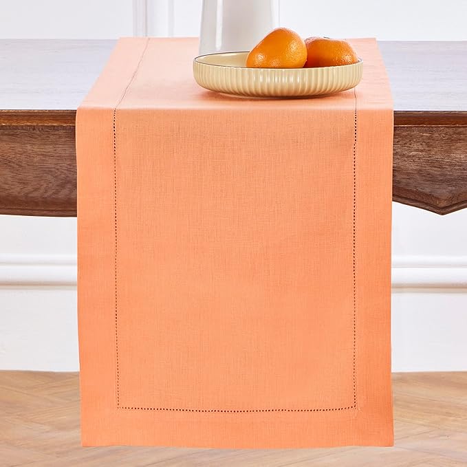 Solino Home Linen Coral Hemstitch Table Runner 36 Inches - 100% Pure Linen Small Table Runner 14 x 36 Inch Ideal for Dresser and Coffee Tables, Valentines, Spring, Easter - Classic Hemstitch