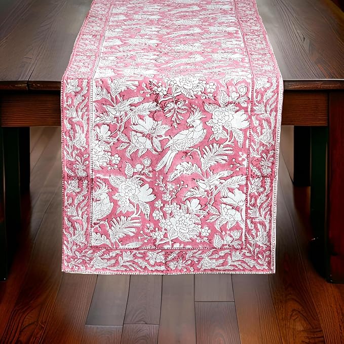 CPC Cotton Table Runner 16x90 Inch Block Printed Long Fall Table Runner for Dining Table, Card Table, Coffee Table, Wedding, Farmhouse & Outdoor Barbeque-Coral Pink