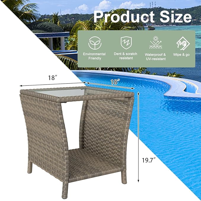 kinbor Small Patio Table - Tempered Glass Top Small Outdoor Wicker Side Table with Storage Shelf for Patio, Balcony & Porch, Durable PE Rattan & Iron Frame