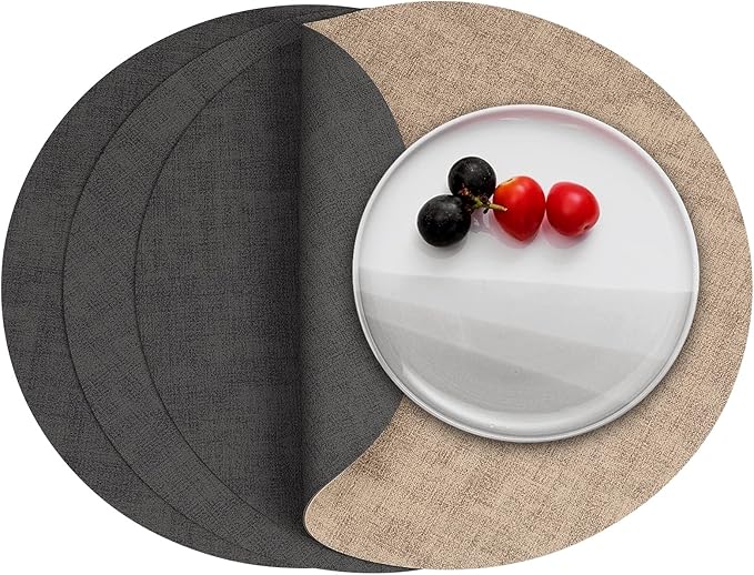 Myir JUN Round Placemats Dual Sided, Faux Leather Place Mats Set of 4 Indoor Placemat for Dining Table Outdoor Place Mat Non-Slip Washable Table Mats (Gray Beige, Set of 4)