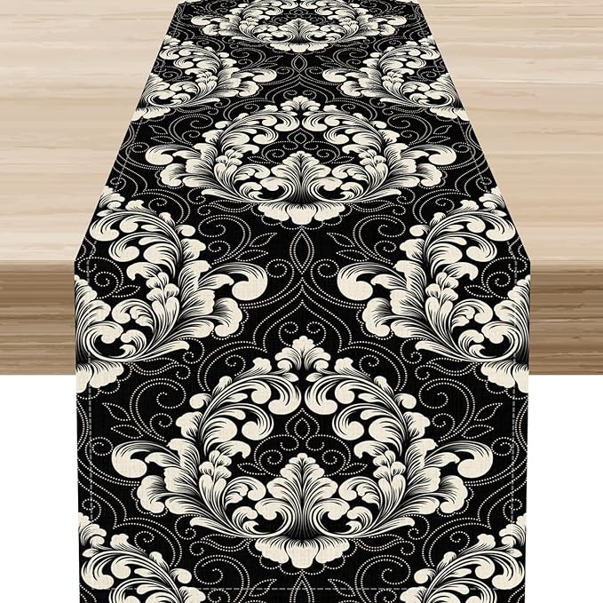 Gothic Table Runner, Retro Black Damask Baroque Style Floral Bohemian Exotic Coffee Vintage Table Center Decor for Kitchen and Dining Outdoor Home Country Party Table Decorations, 13"x90"