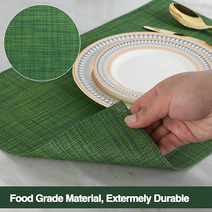 SLKQG Green Christmas Placemats Set of 4 - Wipe Clean Vinyl Placemats - Washable Heat Resistant PVC Placemats for Dining Table - 17x12 Inch (Green, 4)