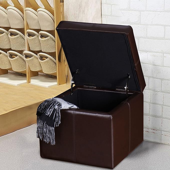 Homebeez Faux Leather Storage Ottoman Square Footrest Stool Cube Bench Ottoman (Reddish Brown)