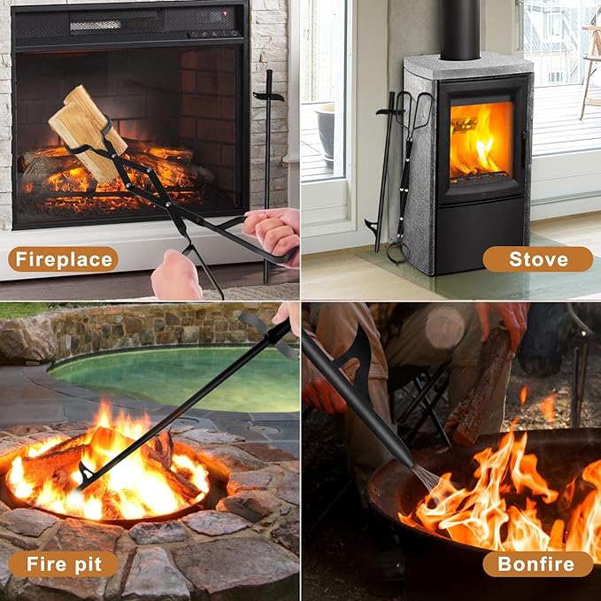 Cyrico Fire Poker and Fire Tongs Set, Heavy Duty 31 Inch Fireplace Poker with Blow Portable 23 Inch Log Grabber Firewood Tongs Fire Pit Tools Accessories for Camping Wood Stove Campfire Outdoor Indoor