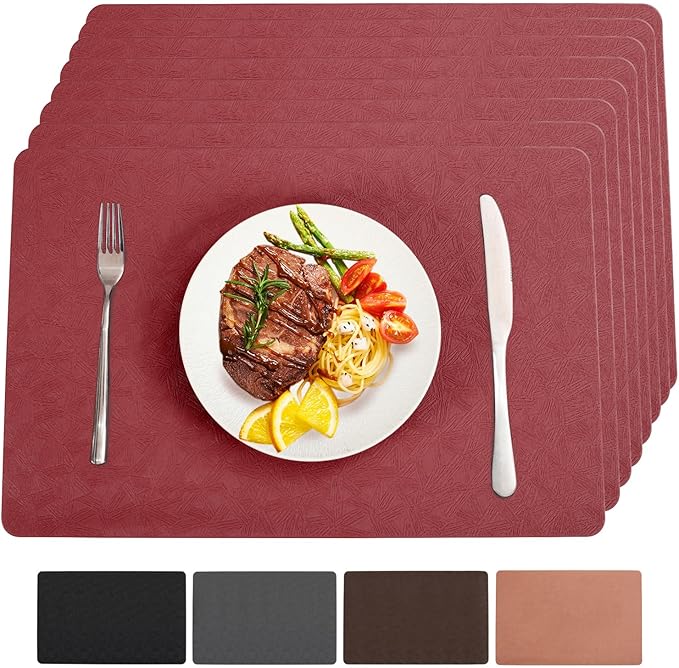 Vinyl Placemats Set of 8 Heat Resistant Easy Clean Non-Slip Place Mats for Dining Table. Faux Leather Waterproof Stain Resistant Wipeable Washable PU Table Mats(8, Red)