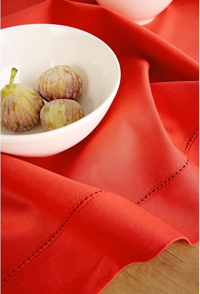 Solino Home Table Runner 90 Inches Long - Cotton Linen Hemstitch Poppy Red Table Runner 14 x 90 Inch for Valentines