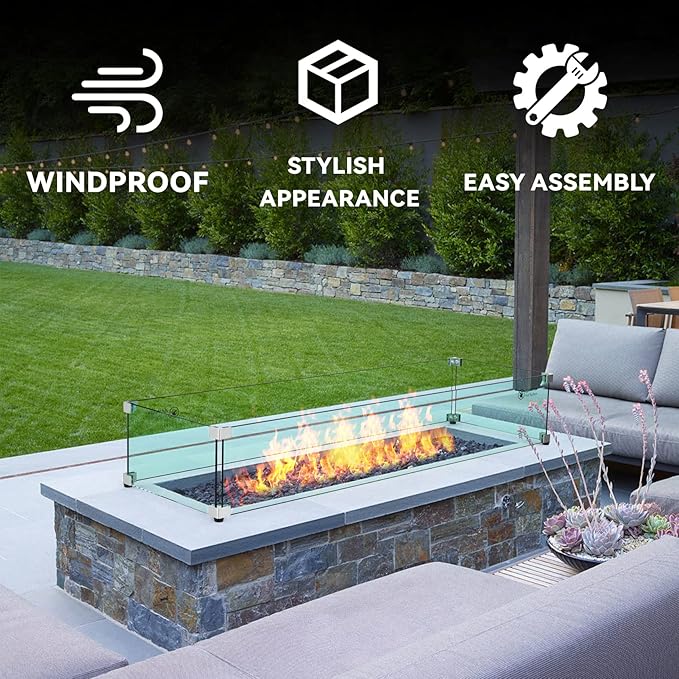 Skyflame Fire Pit Glass Wind Guard, 36" x 11.5" Tempered Glass Windscreen Fits for Linear Firepit Burner Pans, Clear/Thick Fire Table Glass Shields for Outdoor Propane and Gas Pits