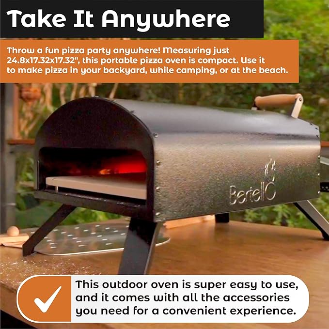 Bertello SimulFIRE Outdoor Pizza Oven Bundle - Wood Fire Portable 12 inch Brick Oven with Gas Burner, Peel, Wood Tray, Cover, & Thermometer - Portable Pizza Maker - As Seen on SHARK TANK