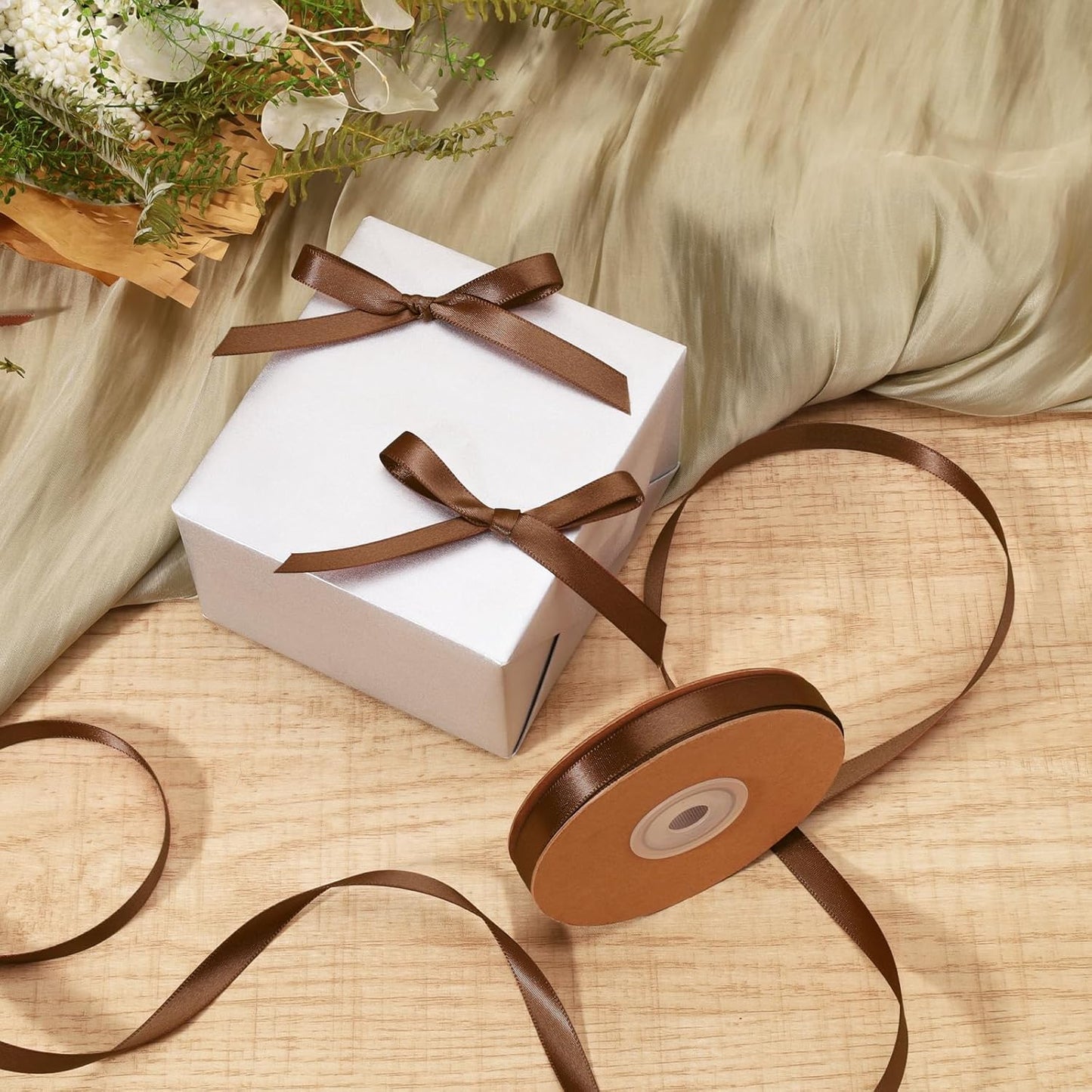 LaRibbons Brown Satin Ribbon 3/8 Inch 50 Yards Thin Luxury Double Faced Mocha Mousse Silk Ribbon for Flower Bouquet Crafts Gift Wrapping Wedding Decoration