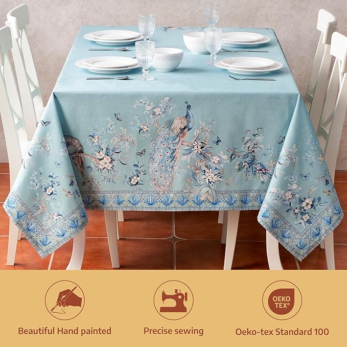 Maison d' Hermine Premium Table Cloth Rectangle Table 100% Combed Cotton 140 x 70 Inches Tablecloth Reusable Decorative for Dining Room Home Party Festive Wedding - Peacock Utopia - Pastel Turquoise
