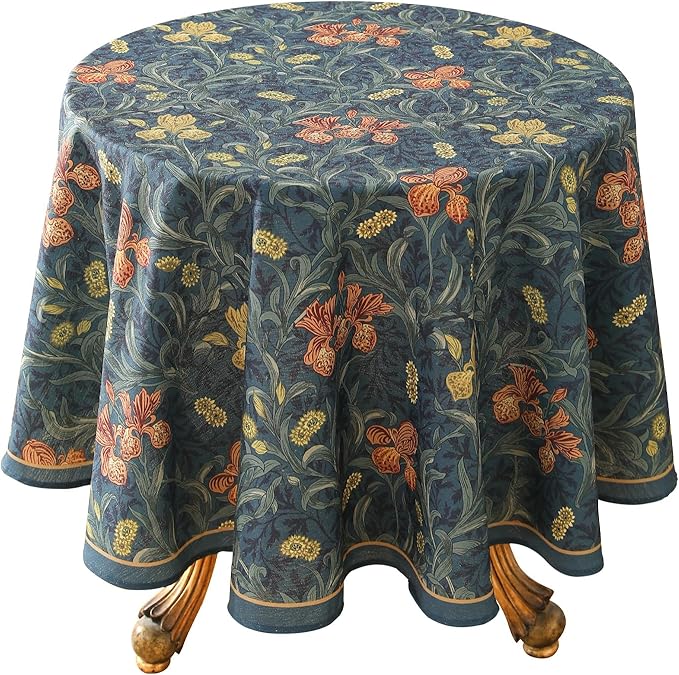 patdrea Designer Vintage Dark Blue Linen Round Tablecloth,French Rustic Floral Pattern Tablecloths,Decorative Table Cover Cloth for Kitchen,Dining,Tea Party,Home,Christmas,Diameter 67"