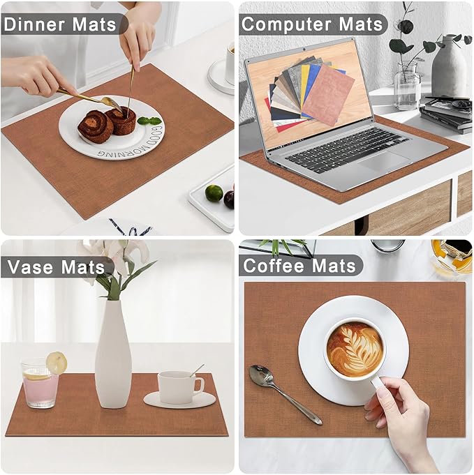 Homaxy Faux Leather Heat Resistant Placemats for Dining Table Set of 6, Waterproof Wipeable Washable PU Table Mats, Easy to Clean Anti-Slip Place Mats, 11.8 x 17 Inch, Brown