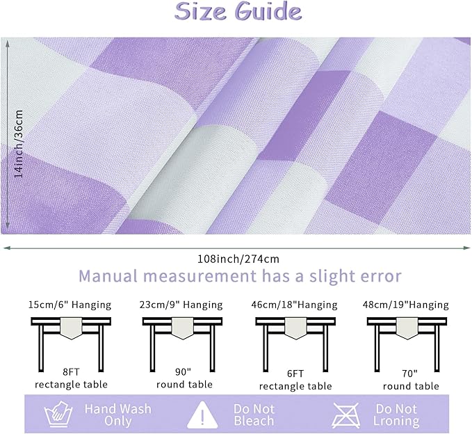 Fabric Checkered Table Runner 6 Pack Waterproof Gingham Table Runner 14W x 108L Buffalo Check Table Runners for Parties Kitchen Dining Wedding Banquet (Lavender and White)