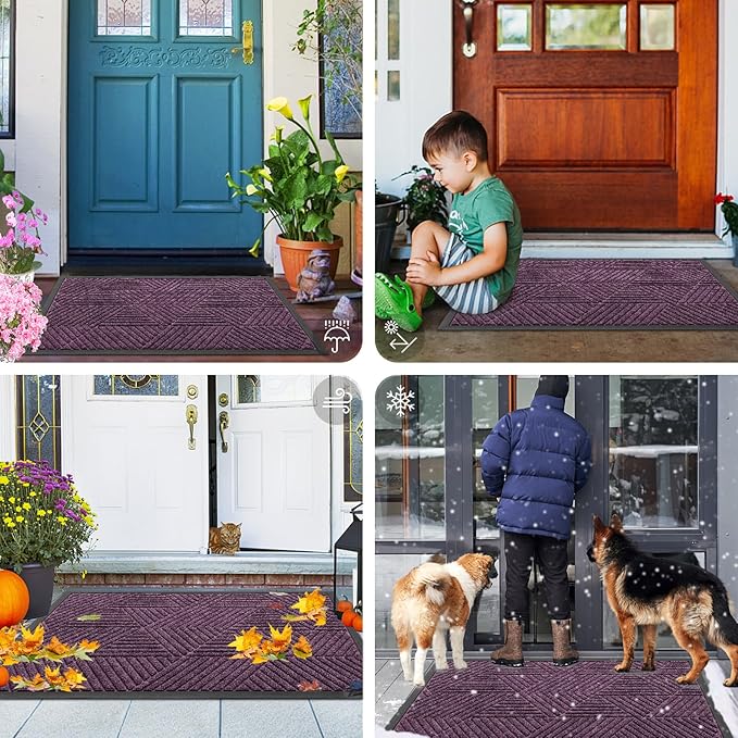 Smiry Front Door Mat Outside Entrance, Heavy Duty Sturdy Natural Rubber Doormat, Trap Dirt and Moisture, Easy Clean Low Profile Mats for Indoor Outdoor Entry, Irregular Triangle (36x24, Purple)