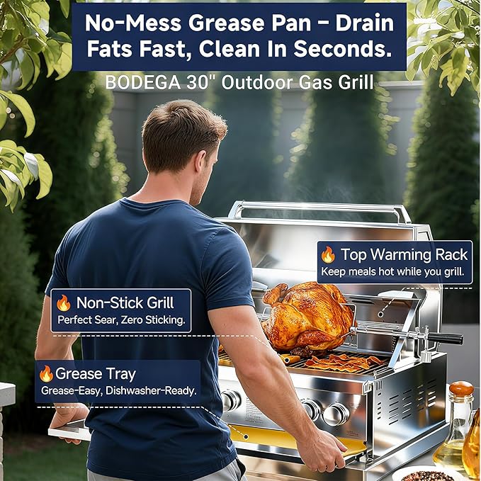 BODEGA 30 Inch 5-Burner Propane Gas Grill with Rotisserie Chicken Fork Kit, 58000-BTU Outdoor Gas Grill for Kitchen, LPG/NG Convertible, Backyard BBQ Grill with Temperature & Rear Infrared Burner.
