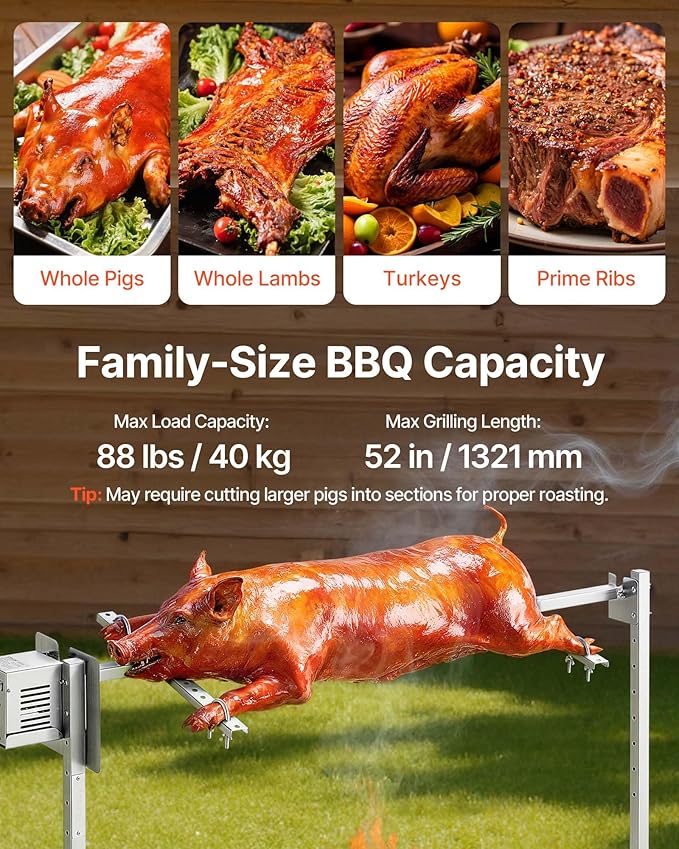 VEVOR Rotisserie Grill, 52in Electric Rotisserie Grill Kit 8 Level Height, BBQ Grills Rotisseries Kit with 88 lbs Load Capacity, Asador de Puerco, Stainless Steel Automatic Grilling Kits for Parties