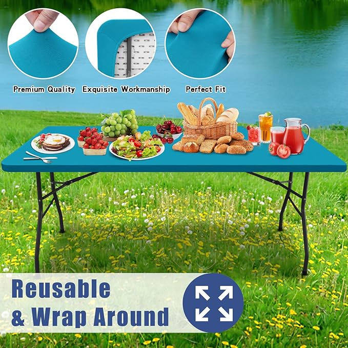 Spandex 6 Foot Rectangle Table Cloth 6 Pack, Elastic Fitted Tablecloths for Picnic, Stretch Washable Patio Table Cover for Outdoor, Camping, Banquet and Parties (Teal, 30"x72")