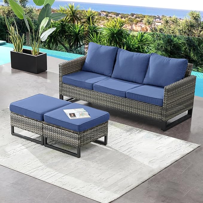 HUMMUH Outdoor Ottomans for Patio Set of 2 PE Wicker Outdoor Footstool with Removable Weather-Resistant Cushions for Patio, Backyard