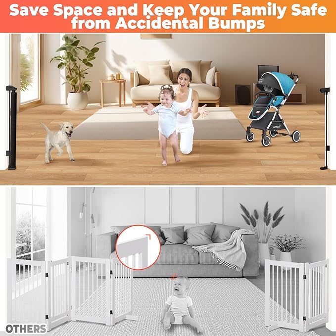 Retractable Baby Gates Dog Gate - 200" Extra Wide Expandable Child Safety Gate, 37" Tall Toddler Pet Mesh Gate with Reinforced Strips for Doorways, Stairs, Hallways, Outdoor & Indoor Large Openings