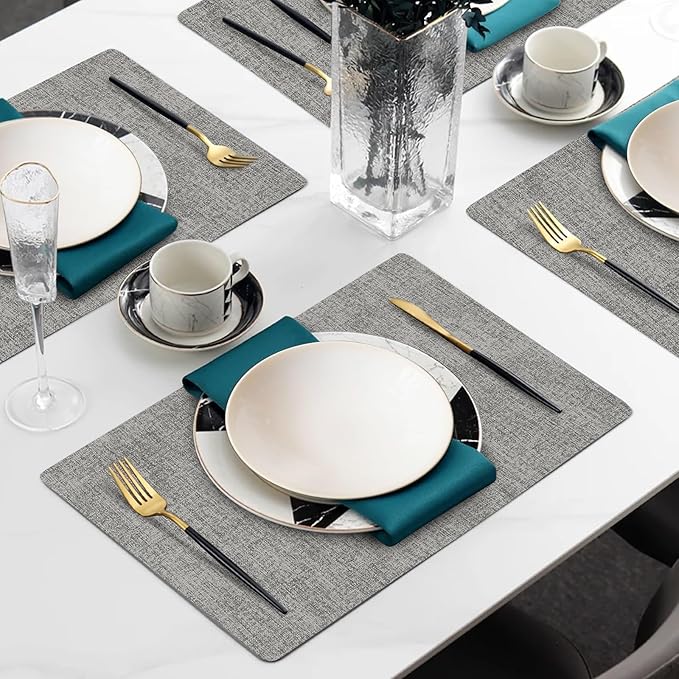 Faux Leather Heat Resistant Placemats Set of 6 – Waterproof Oilproof Wipeable Dining PU Place Mat Easy Clean Table Mats for Kitchen/Dining/Party/Holiday, Light Grey