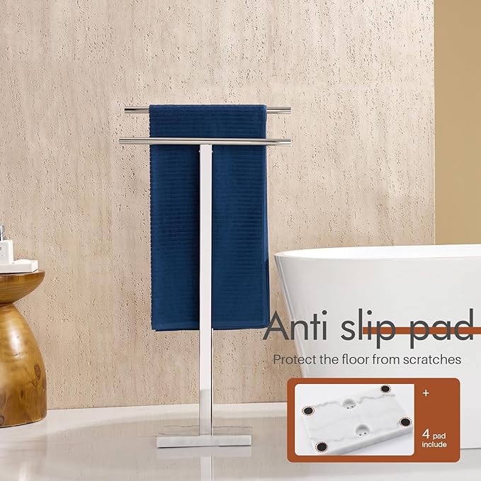 KOKOSIRI Floor Stand Towel Rack for Bathroom 2-Tier Free Standing Towel Holder with Heavy Marble Base Thicken Steady Design Polished Chrome Stainless Steel THS0005-CH