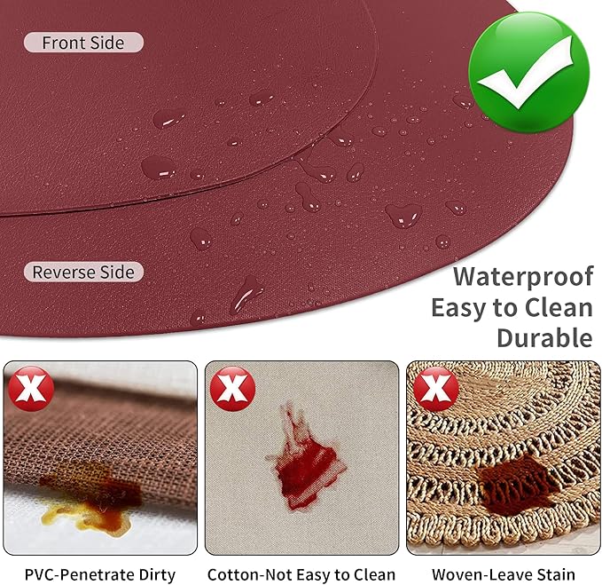 Herda Round Placemats Set of 6 Faux Leather Placemats Wipeable Washable Placemats Heat Resist placemat for Round Table for Kitchen Dining Patio Outdoor Indoor Easy to Clean Retro Burgundy Red