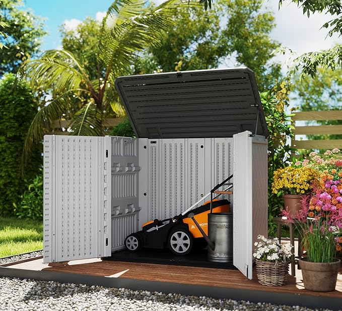 HOMSPARK Storage Shed Weather Resistance, Multi-Purpose Outdoor Storage Cabinet for Backyards and Patios, 26 Cu.ft Capacity Horizontal Storage Shed for Bike, Lawnmower, Trash Cans, Patio Accessories