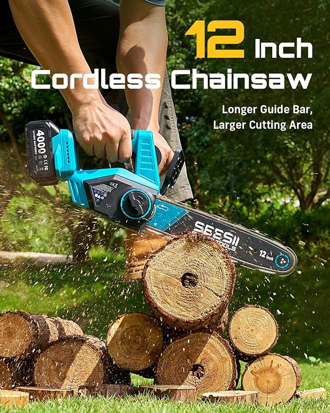 SEESII Electric Chainsaw Cordless 12-inch, Handheld Chain Saws with a 4.0Ah Battery, Tree Saw with Tool-free Chain Tension, Auto Oiling for Wood Cutting Trimming Branch