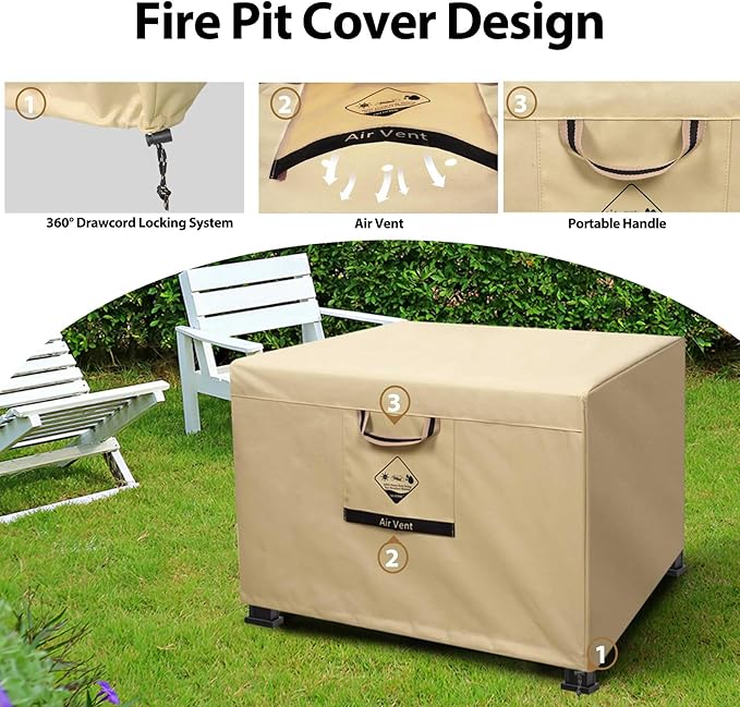 738N Max Tension, Gas Fire Pit Cover Square, Fits for 29/30/31/32 Inch, 600D Upgraded Extra Dense Heavy Duty Fabric, Waterproof, Tear Resistant, Outdoor Fire Table Cover, 32''L x 32''W x 24''H -Beige