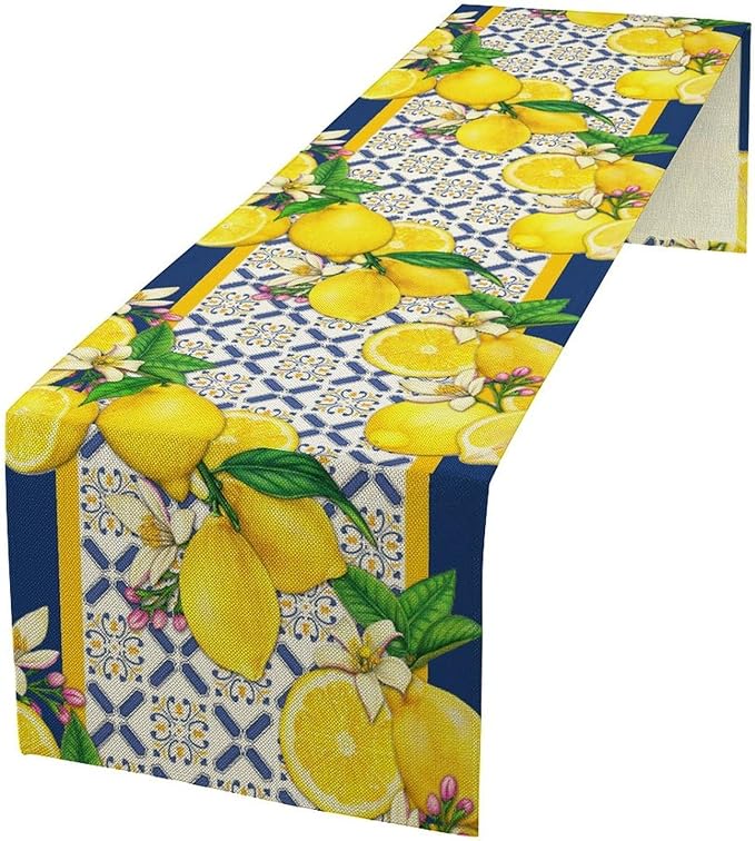 Yellow Lemon Table Runner, Spring Summer Seasonal Blue Tiles Watercolor Lemon Table Runner for Farmhouse Kitchen Indoor Outdoor Party Decor, 13x90inch