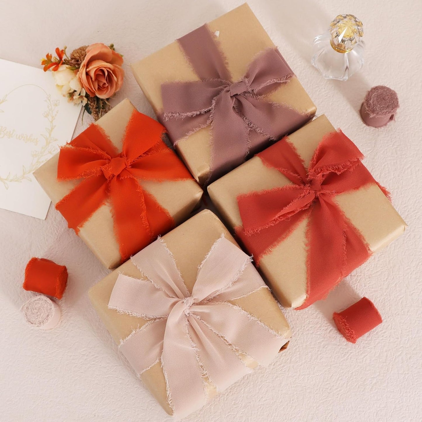 TONIFUL 4 Rolls Silk Chiffon Ribbon 1-1/2 Inch x 22 Yards,Orange Khaki Brown and Rust Handmade Fringe Terracotta Ribbon for Gift Wrapping Bridal Bouquets Crafts Wedding Fall Thanksgiving Decoration