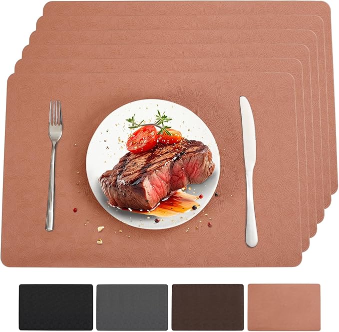 Vinyl Placemats Set of 6 Heat Resistant Easy Clean Non-Slip Place Mats for Dining Table. Faux Leather Waterproof Stain Resistant Wipeable Washable PU Table Mats(6, Coral)