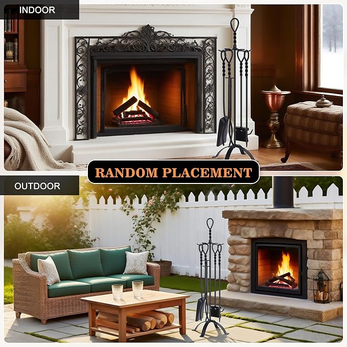 Gtongoko 35 Inch Fireplace Tools Set 5 Pcs Black Wrought Solid Iron Large Fire Tool Set for Outdoor/Indoor Include Chimney Poker, Rustic Tongs, Shovel, Antique Brush and Stand Accessories Set