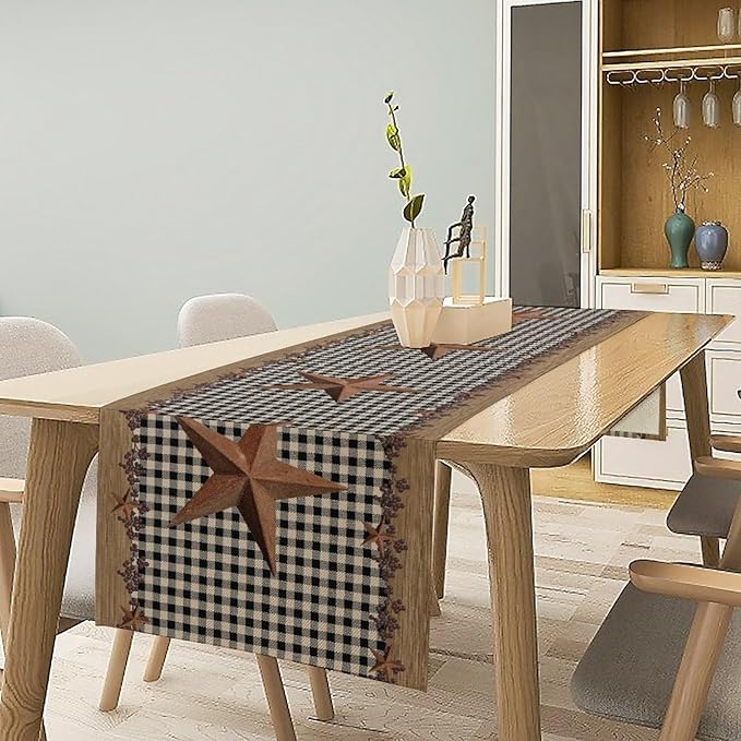 Rustic Star Table Runner, Vintage Wood Barn Black Grid Western Texas Farmhouse Country Print Table Runner for Home Party Patio Indoor Outdoor, 13x120inch