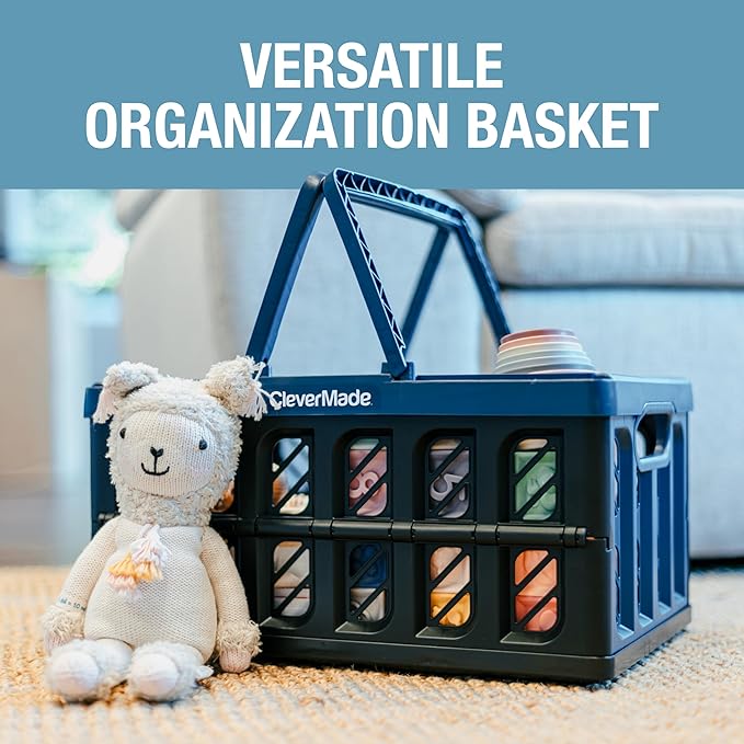 CleverMade Collapsible Shopping Basket, Ocean, 3PK - 24L (6 Gal) Reusable Plastic Grocery Shopping Baskets, Holds 25lbs Per Basket - Small Foldable Storage Crates with Handles